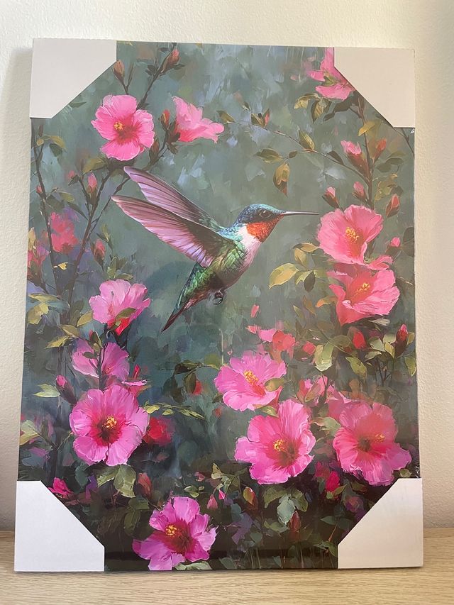 Cuadro Colibrí y Flores Rosas 30x40cm