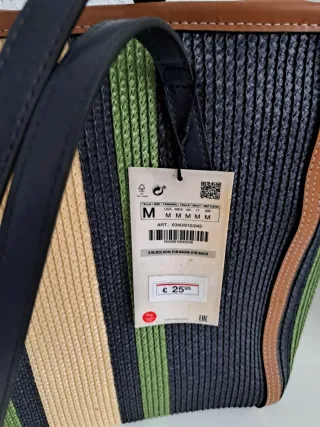 Bolso Zara Rayas Beige, Negro y Verde
