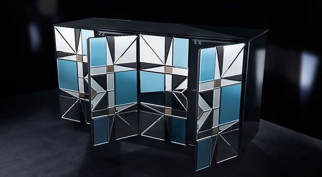 Credenza con specchio blu e argento