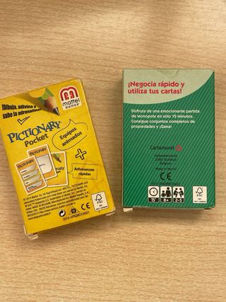 2 Juegos de Cartas Pictionnary y Monopoly Pocket