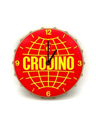 Orologio pubblicitario Crodino vintage in metallo – forma tappo – diametro 33 cm – con scatola originale