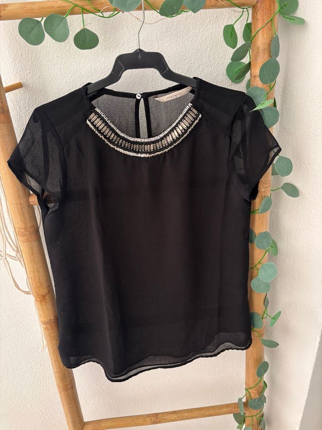 Camisa Zara Mujer Negra Adornada