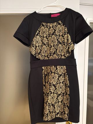 Vestido midi fiesta Boohoo negro y dorado
