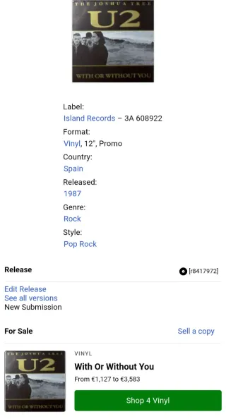 U2 Vinilo Maxi Single With Or Without You