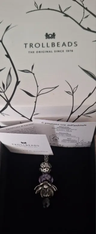 Collana Trollbeads con gufo e pietra nera