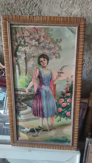 Cuadro antiguo mujer con pájaros