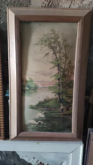 Cuadro antiguo paisaje cisnes