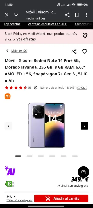 Xiaomi Redmi Note 14 Pro+ 5G Morado 256GB/8gb RAM