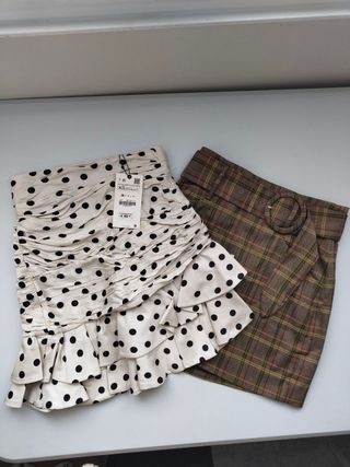Minifalda Zara Beige Lunares + Mango Marrón Cuadro