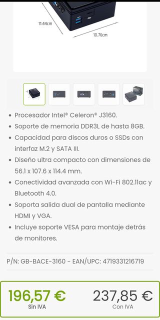 Mini PC Gigabyte GB-BACE-3160 J3160 1,6 GHz