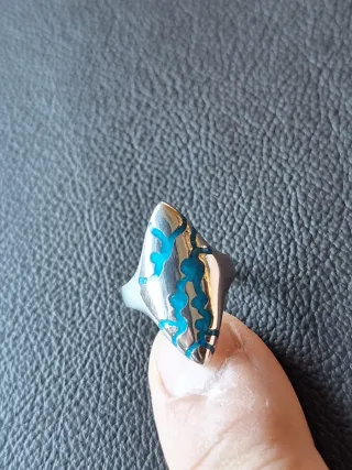 Anillo artesano Plata y esmalte Turquesa, unico!