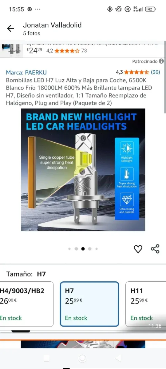 Bombillas LED Coche H7 PAERKU