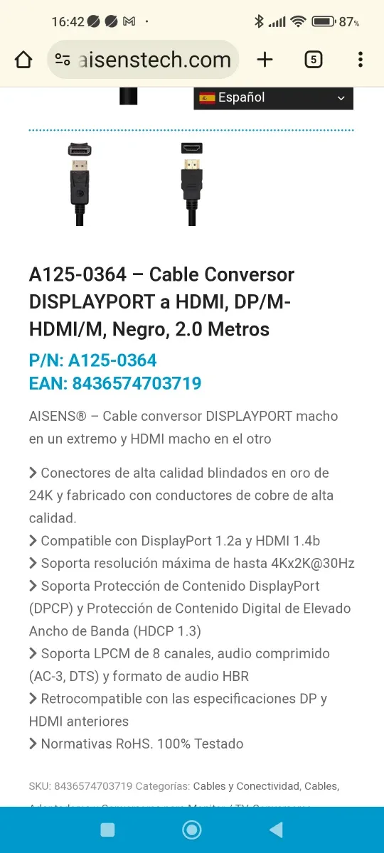 Cabo Conversor DisplayPort para HDMI Aisens 2m