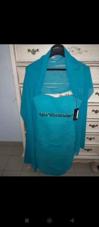 Abito da cerimonia blu petrolio con coprispalle