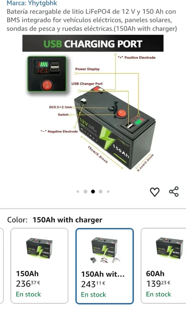 Batería Litio LiFePO4 12V 150Ah falta cargardor