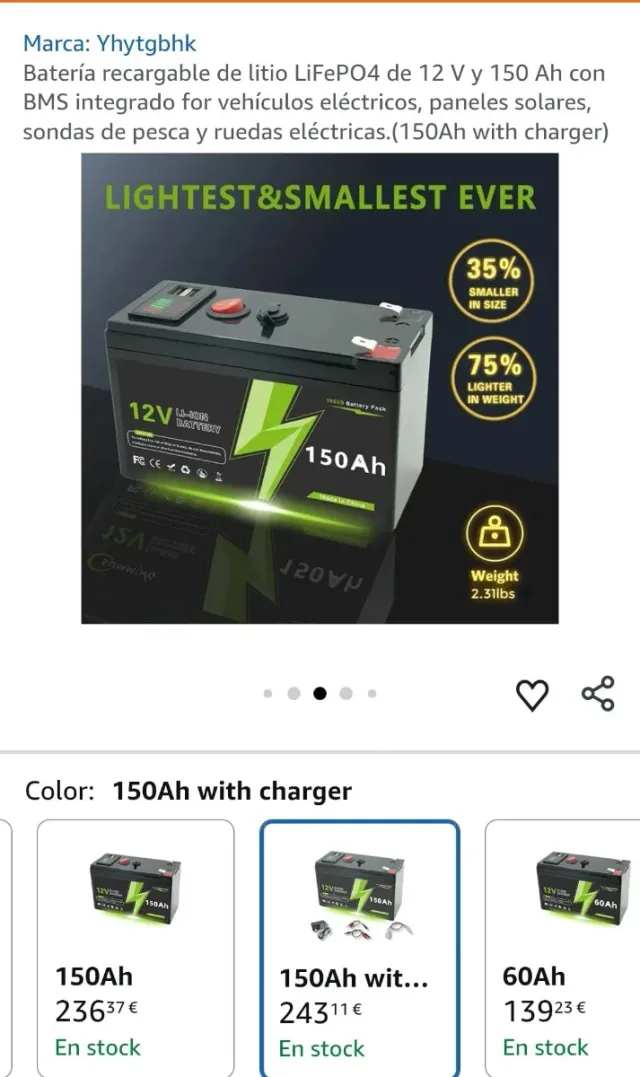 Batería Litio LiFePO4 12V 150Ah falta cargardor