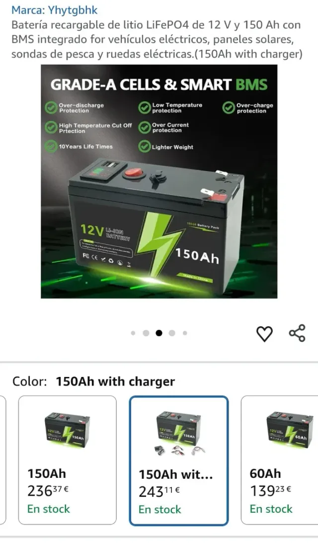Batería Litio LiFePO4 12V 150Ah falta cargardor