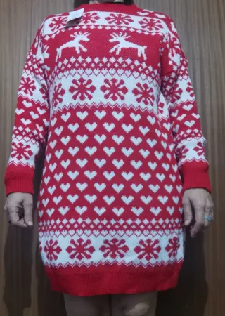 Vestido Navideño Punto Reindeer Corazones y Renos.