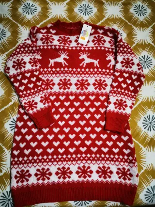 Vestido Navideño Punto Reindeer Corazones y Renos.