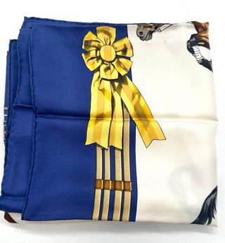 Pañuelo Hermès Seda Azul y Dorado