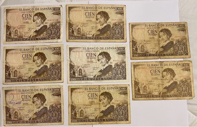 Lote de 8 notas de 100 pesetas do Banco da Espanha, 1965