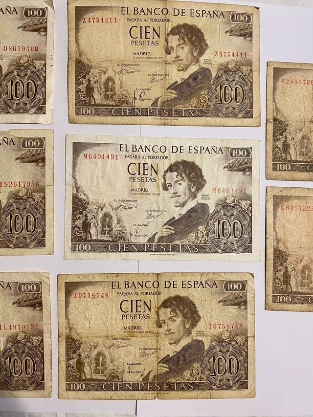 Lote de 8 notas de 100 pesetas do Banco da Espanha, 1965