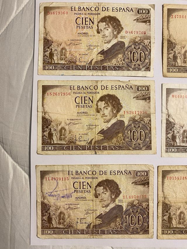 Lote de 8 notas de 100 pesetas do Banco da Espanha, 1965