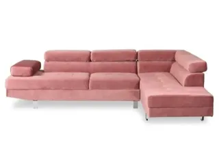 Divano angolare in velluto rosa con cuscini