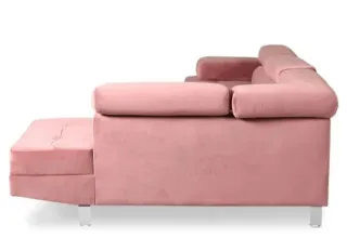 Divano angolare in velluto rosa con cuscini