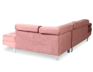 Divano angolare in velluto rosa con cuscini