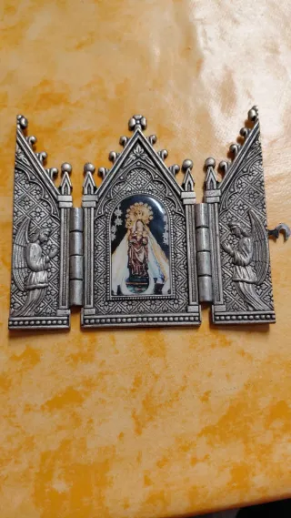 Tríptico religioso metal Virgen del pilar y ángel