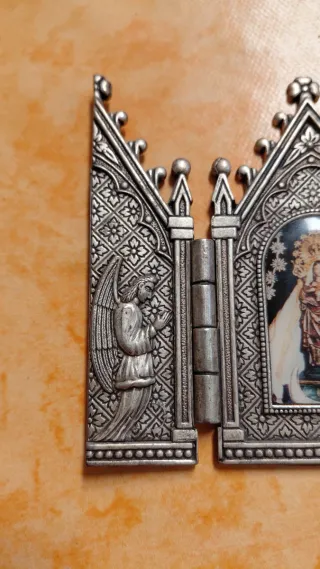 Tríptico religioso metal Virgen del pilar y ángel