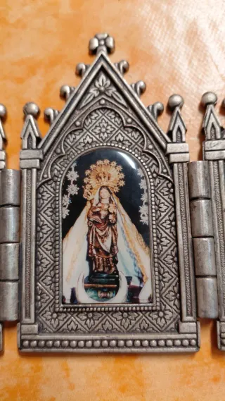 Tríptico religioso metal Virgen del pilar y ángel