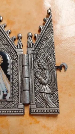Tríptico religioso metal Virgen del pilar y ángel