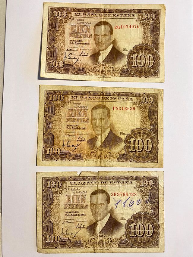 Lotto 3 Banconote 100 Peseta Banco de España 1953