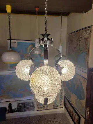Lampada sospensione anni '70 acciaio e vetro