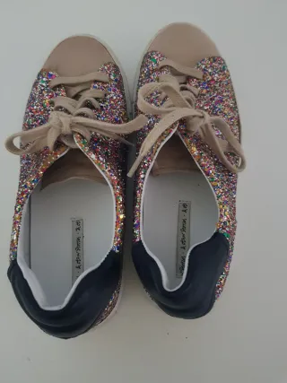 Zapatillas Mujer Glitter y cuero Beige