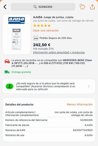 Juego Juntas Ajusa 52494300 Volvo 2.0 16V