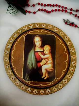Decoupage tondo legno Madonna Bambino Oggettistica