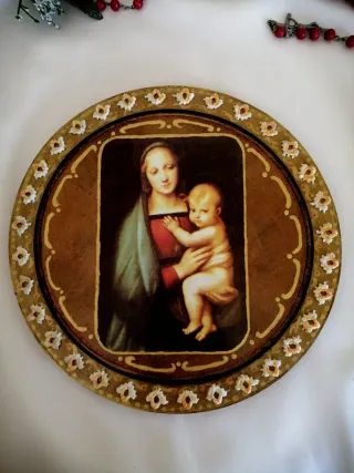Decoupage tondo legno Madonna Bambino Oggettistica