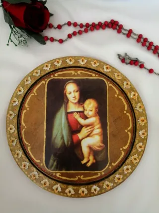 Decoupage tondo legno Madonna Bambino Oggettistica