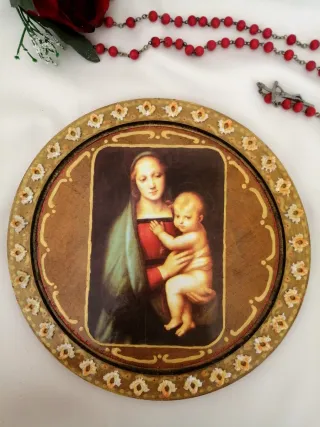 Decoupage tondo legno Madonna Bambino Oggettistica