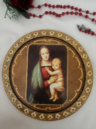 Decoupage tondo legno Madonna Bambino Oggettistica