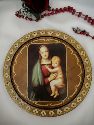Decoupage tondo legno Madonna Bambino Oggettistica
