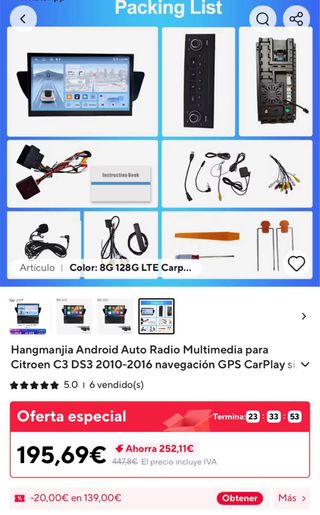 Pantalla Carplay Citroen C3 / DS3