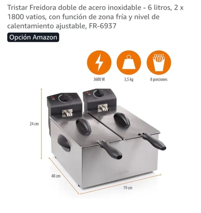Freidora doble acero inox Tristar 6L