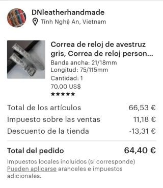 Correa reloj de piel de avestruz gris 21/18