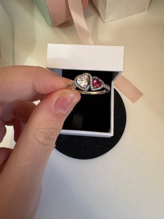 Anillo plateado  Corazón Doble Rosa y Brillantes