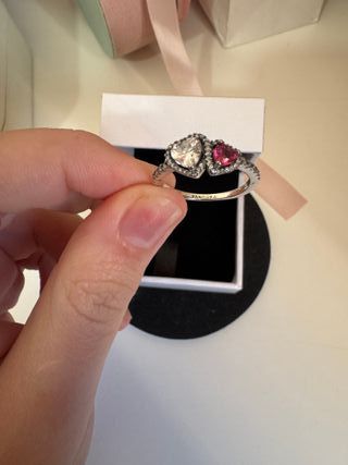 Anillo plateado  Corazón Doble Rosa y Brillantes