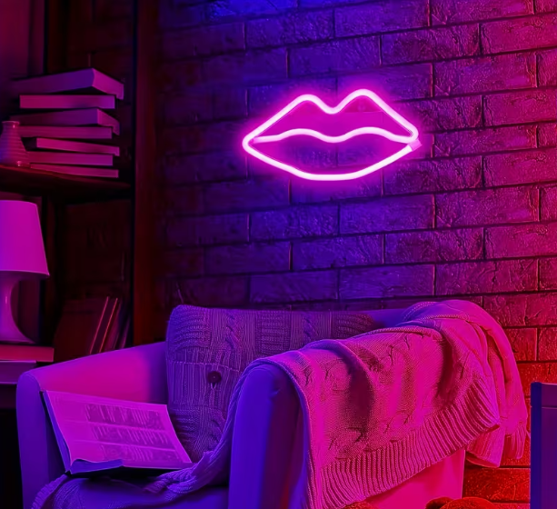 Luz LED neon rosa para lábios USB para parede ou prateleira